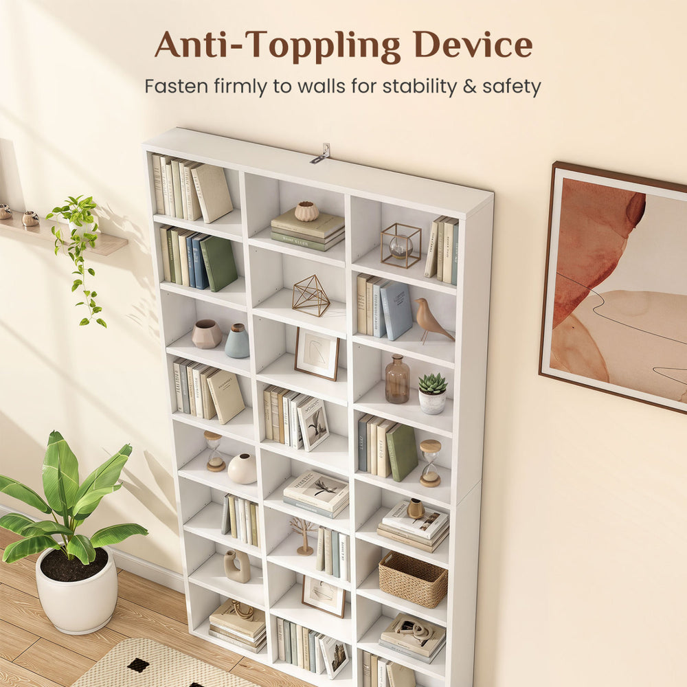 70-inch tall bookshelf with 24 cube storage compartments and anti-toppling device for stability in narrow spaces.