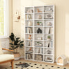 Tall 70-inch white bookshelf with 24 cube storage compartments and adjustable shelves, perfect for organizing collections.