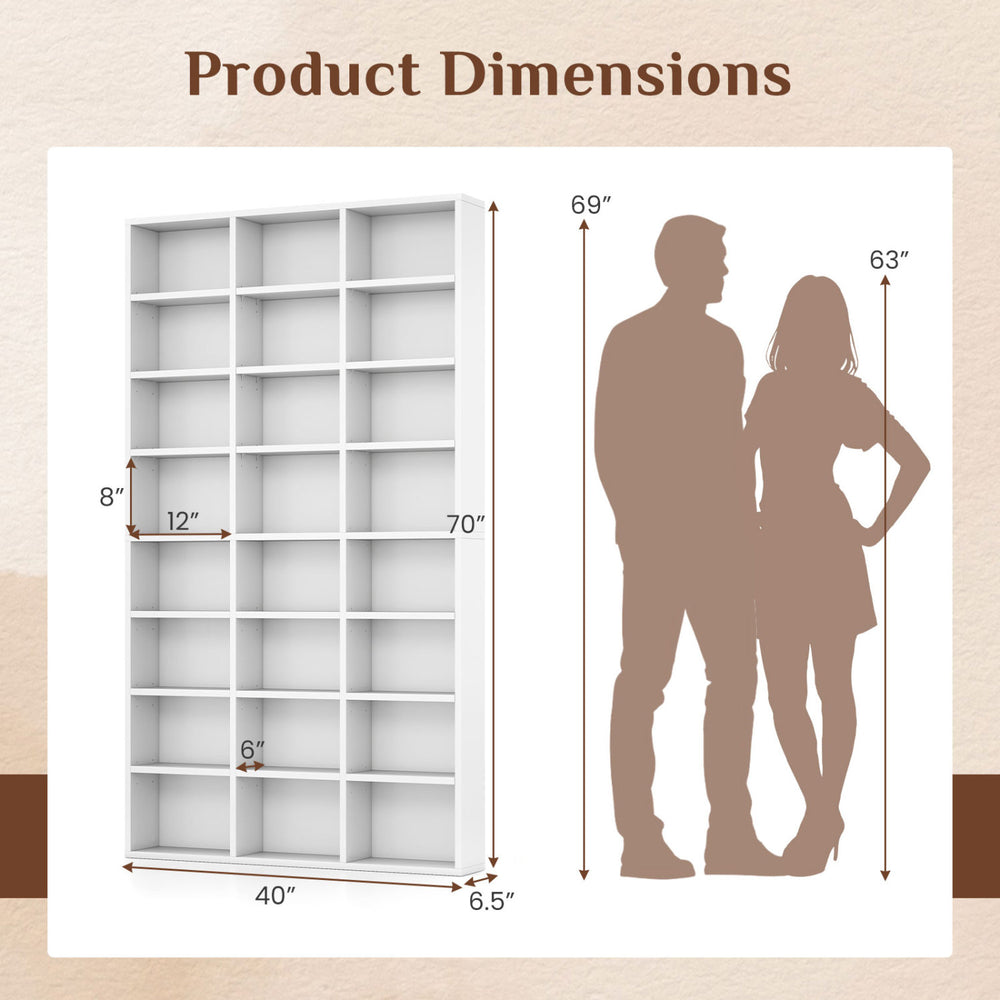70-inch tall bookshelf with 24 cube storage compartments and adjustable shelves, ideal for living room or home office organization.