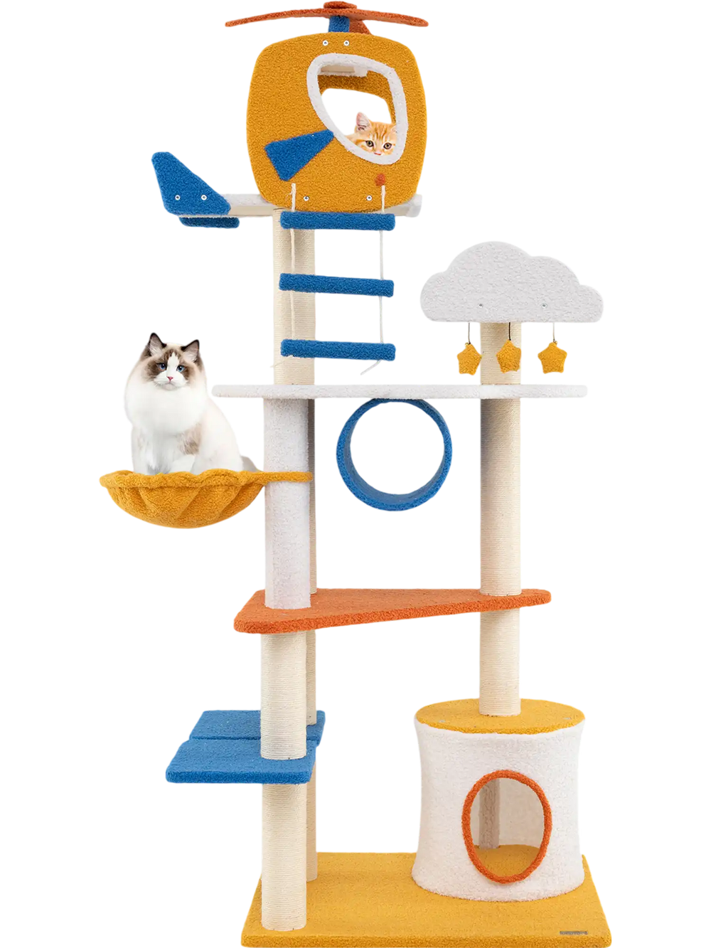 Aviation-themed cat tree featuring a helicopter perch, cozy basket bed, and multiple platforms for playful exploration.