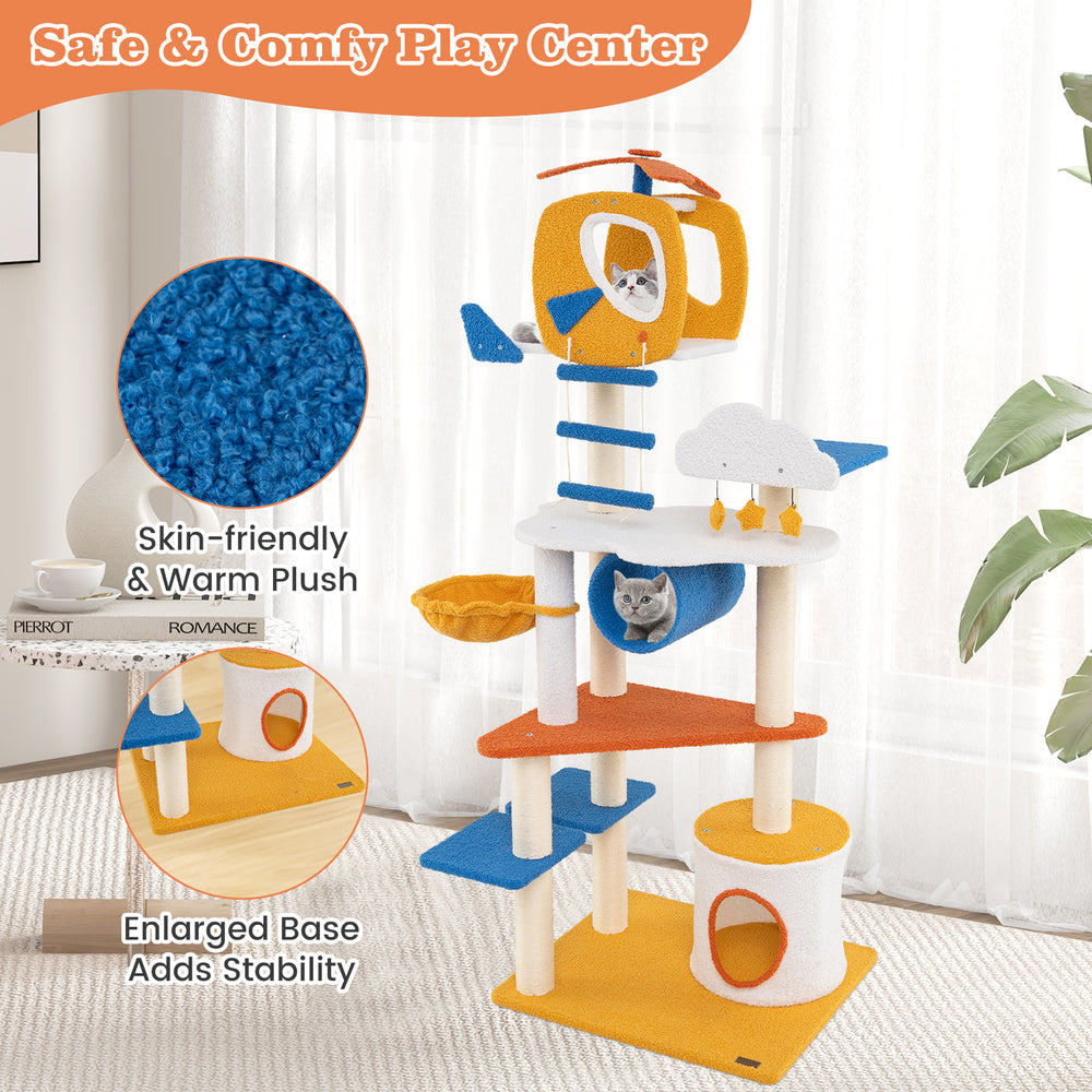 Aviation-themed 70-inch cat tree with helicopter perch, plush covering, and multiple platforms for climbing and play.
