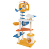 Aviation-themed cat tree with helicopter perch, multiple platforms, and cozy hideaway for playful cats.