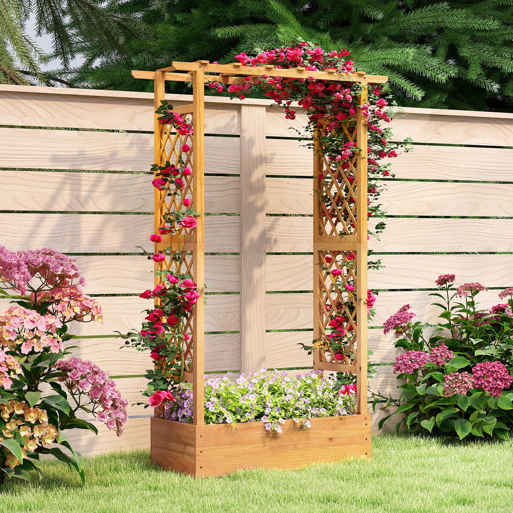 Wooden raised garden bed with lattice trellis, made from natural pine, perfect for vertical plant growth in outdoor.
