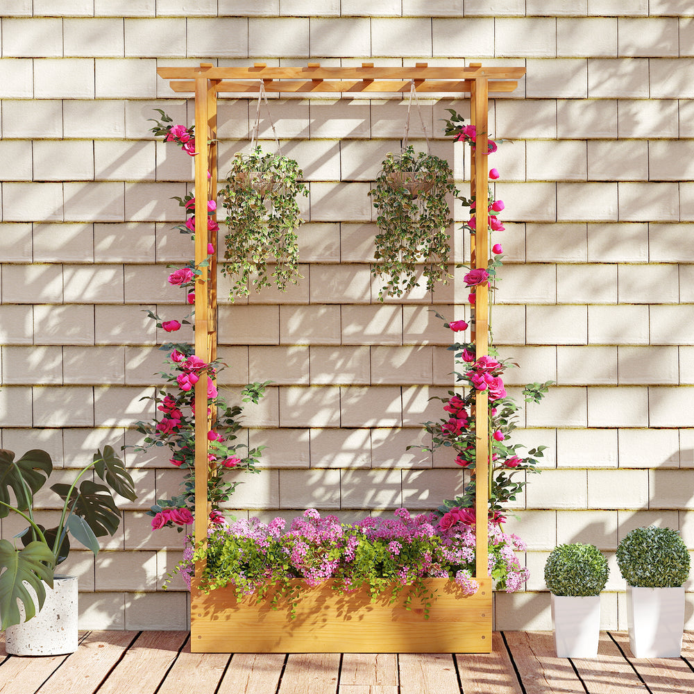 Wooden raised garden bed with lattice trellis, made from natural pine, perfect for patios and vertical plant growth.