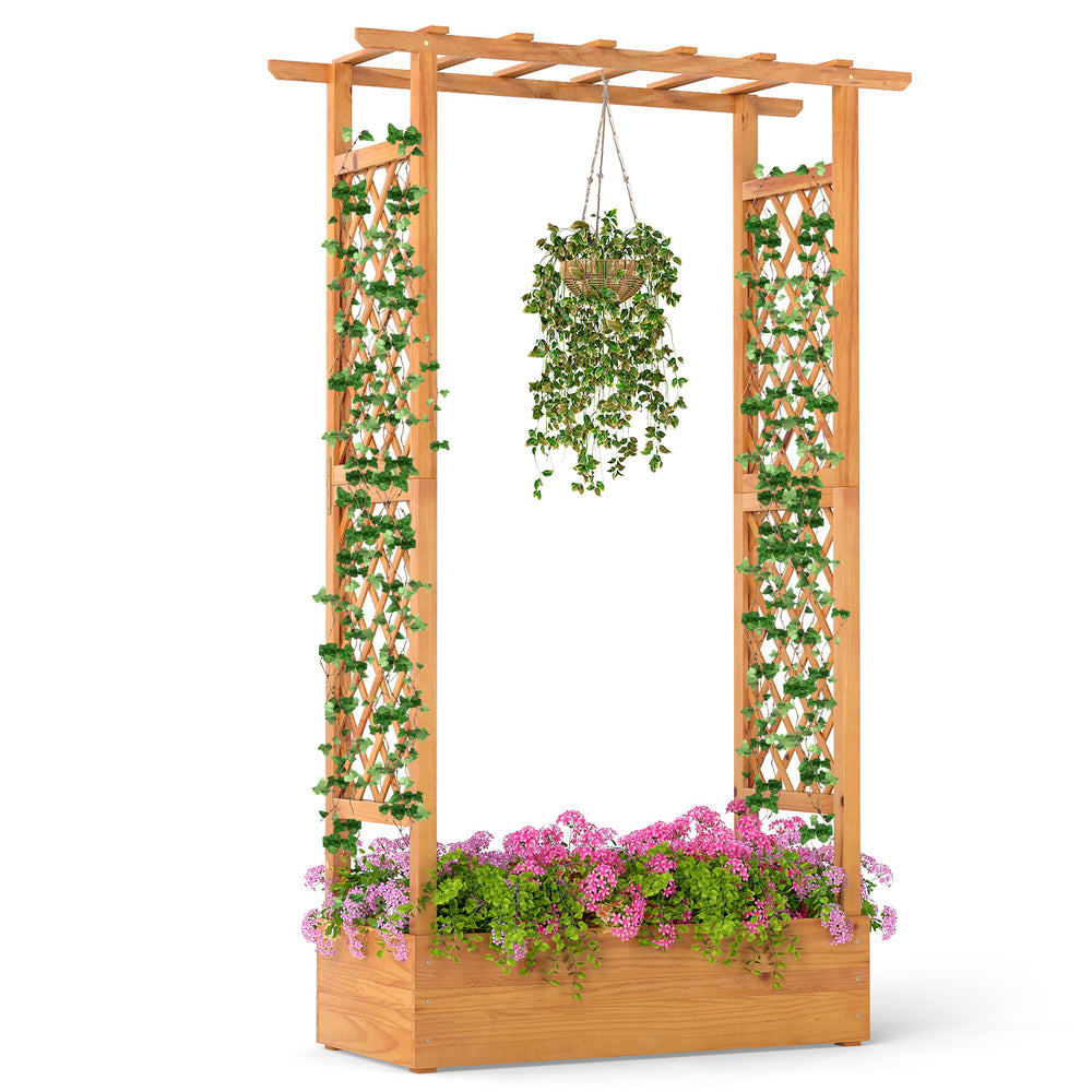Wooden raised garden bed with lattice trellis, made of natural pine, ideal for cultivating plants and flowers in.