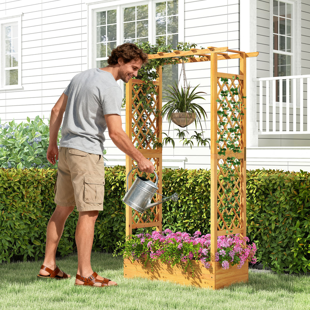 Wooden raised garden bed with lattice trellis, made from natural pine, ideal for flowers and climbing plants in.