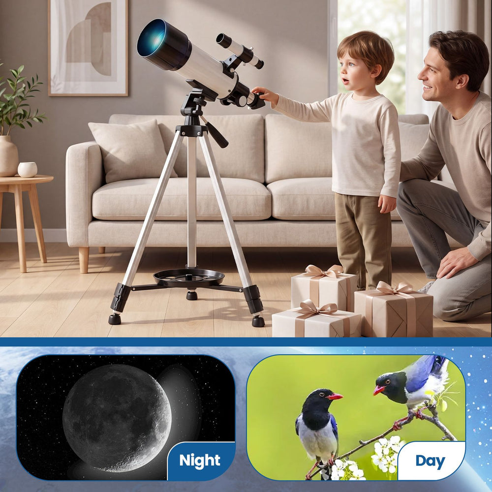 Adjustable tripod 70 mm aperture refractor telescope for day and night use, ideal for observing the moon and wildlife.