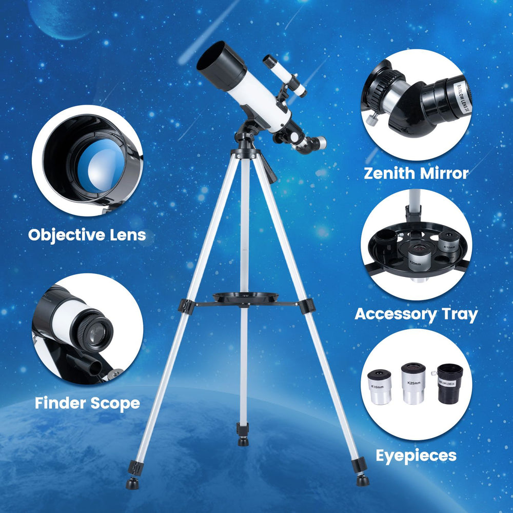 70 mm aperture refractor telescope with adjustable tripod, featuring multiple eyepieces and accessory tray for versatile viewing.