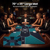 Large 70" x 35" poker table mat with water-repellent surface, accommodating up to 10 players for game nights.