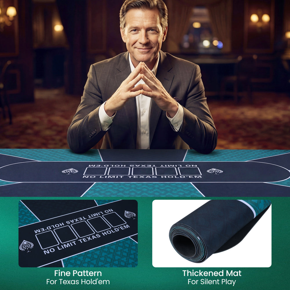 Poker table top featuring a fine pattern for Texas Hold'em, 70 x 35 inches, with a thickened mat for silent play.