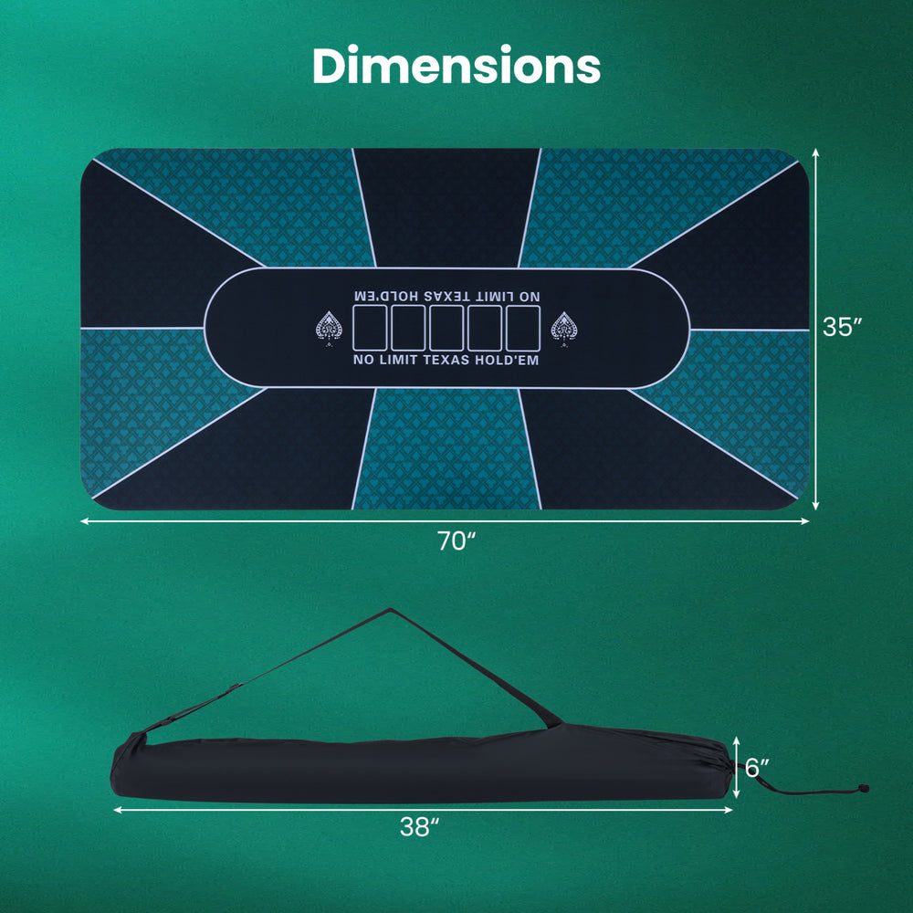 Dimensions of the 70 x 35 inch poker table top with water-repellent surface, designed for easy portability and compact.