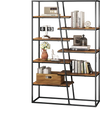 Industrial 71-inch etagere bookcase featuring a zigzag design with rustic brown shelves and a sturdy metal frame.