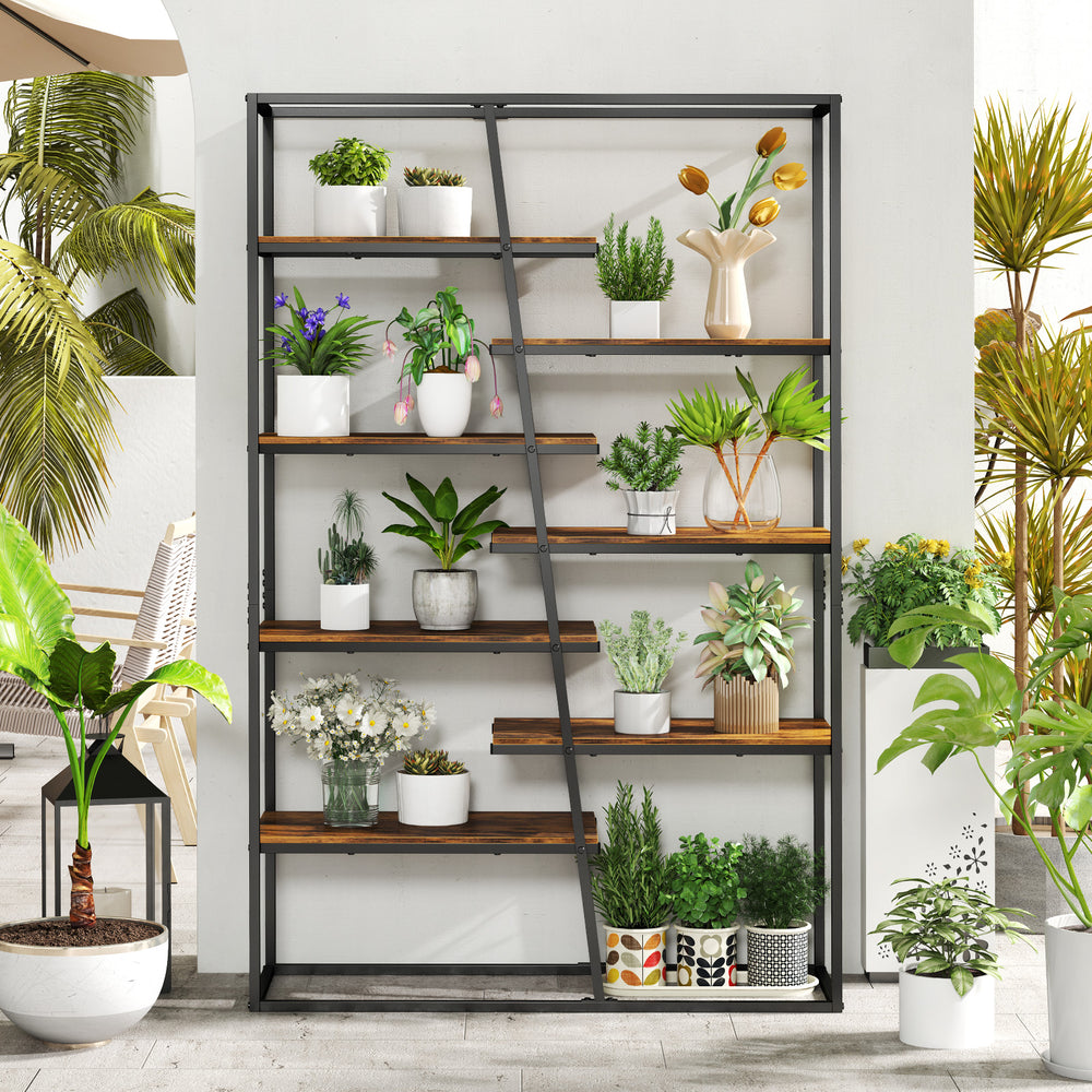 71-inch 7-tier industrial etagere bookcase with rustic brown shelves and heavy-duty metal frame, ideal for plants and.