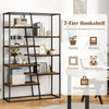 71-inch 7-tier industrial etagere bookcase in rustic brown with zigzag shelves for books, plants, and decor.