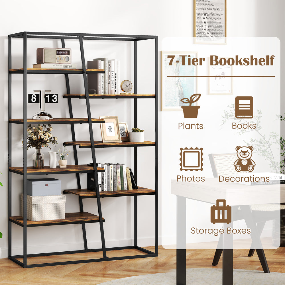 71-inch 7-tier industrial etagere bookcase in rustic brown with zigzag shelves for books, plants, and decor.