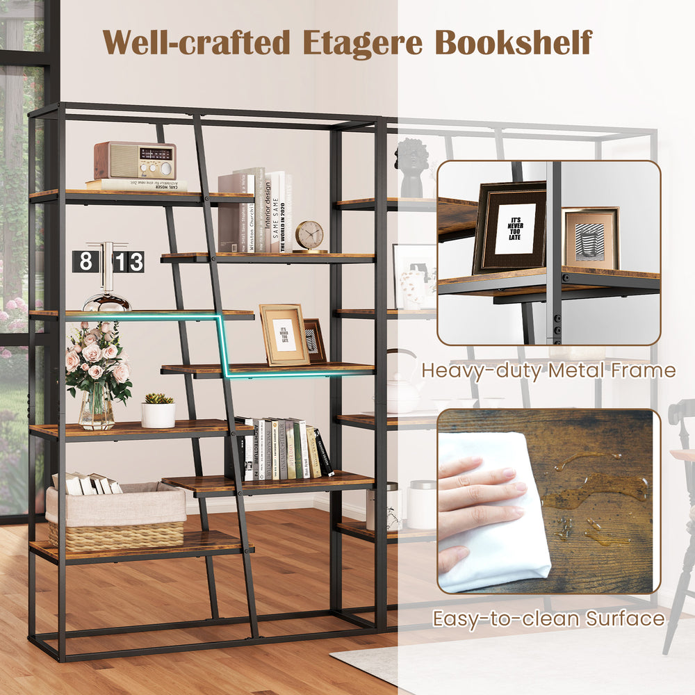 71-inch industrial etagere bookshelf with 7 zigzag shelves and heavy-duty metal frame, ideal for living room or office.