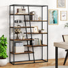 71-inch industrial etagere bookcase with 7 zigzag shelves in rustic brown, perfect for displaying books and plants.