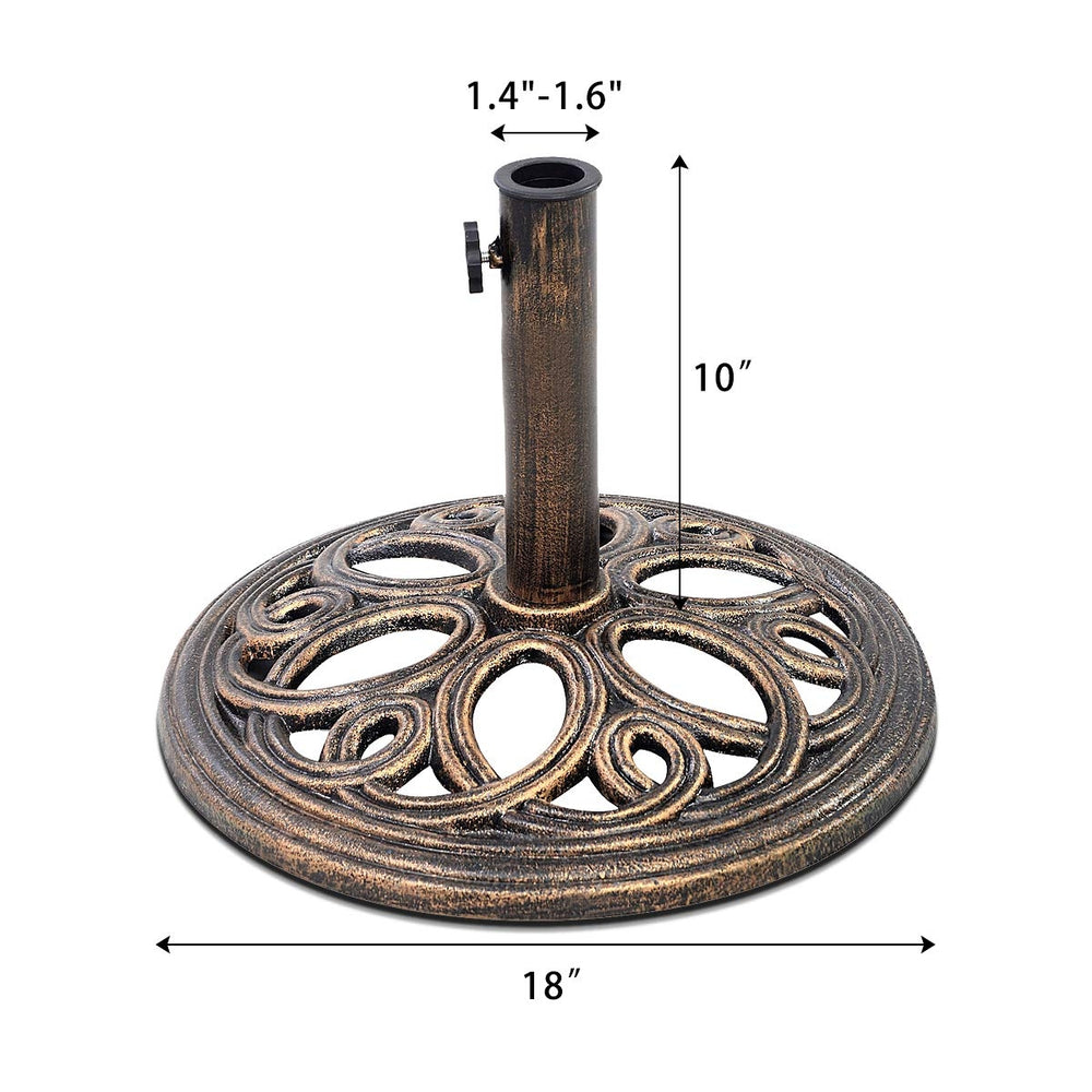 Heavy-duty 23-pound round umbrella base stand in classic bronze with petal pattern, suitable for 38mm and 48mm poles.
