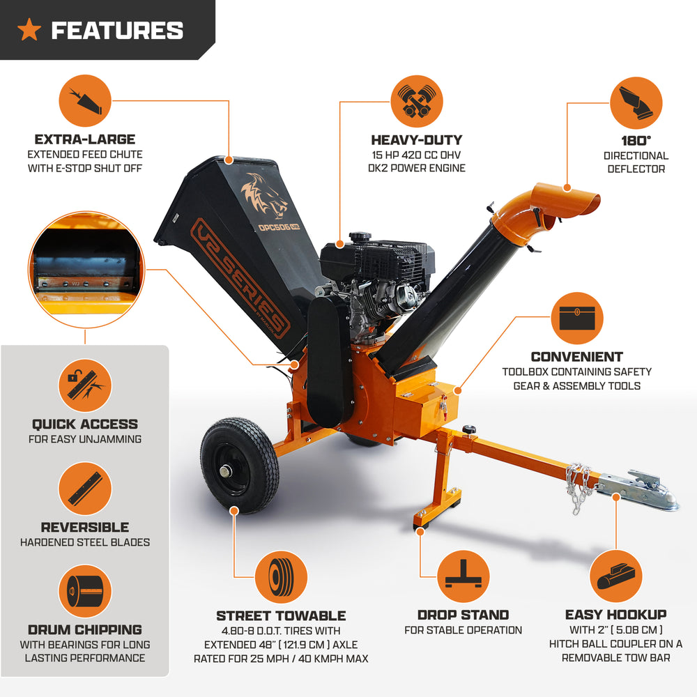 DK2 Power V2 Series Chipper Shredder — 6in., 15 HP, 420cc, Tow-Behind, Model# OPC506-V2