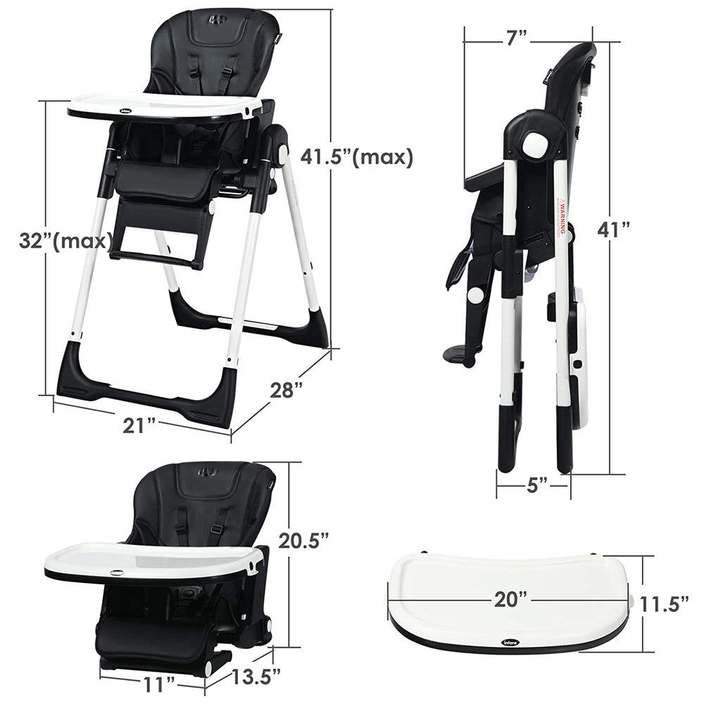 Side view of the 4-in-1 high chair in black, highlighting the 5-position backrest and safety features for infant.