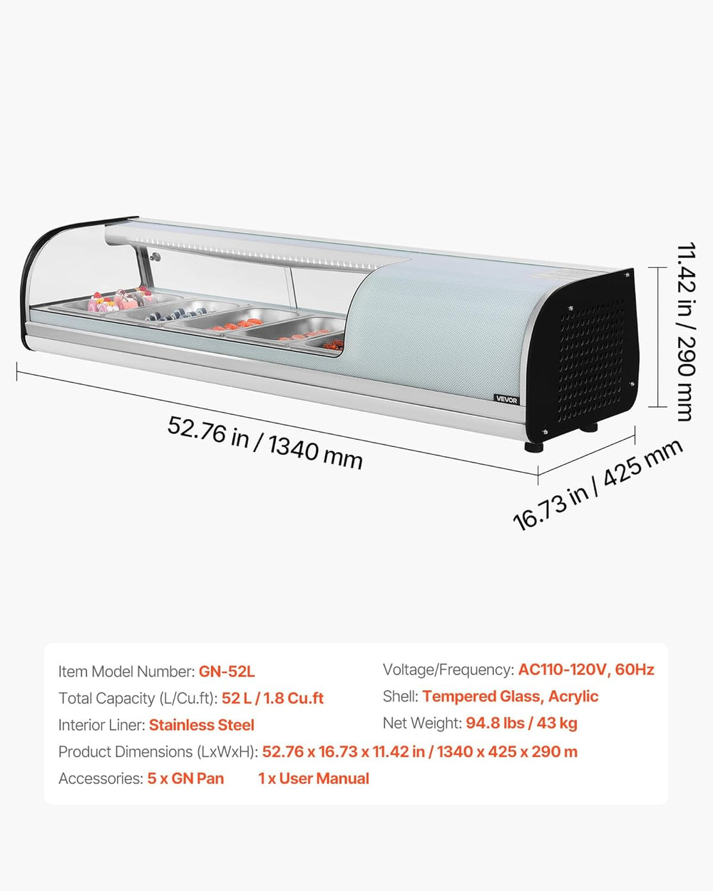Vevor Commercial Display Case Refrigerator 1.8 Cu. Ft 5-Pan LED Lighting Temp Control New