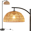 Arc floor lamp with a black pole and woven hanging lampshade, 63 inches tall, ideal for living room or bedroom lighting.