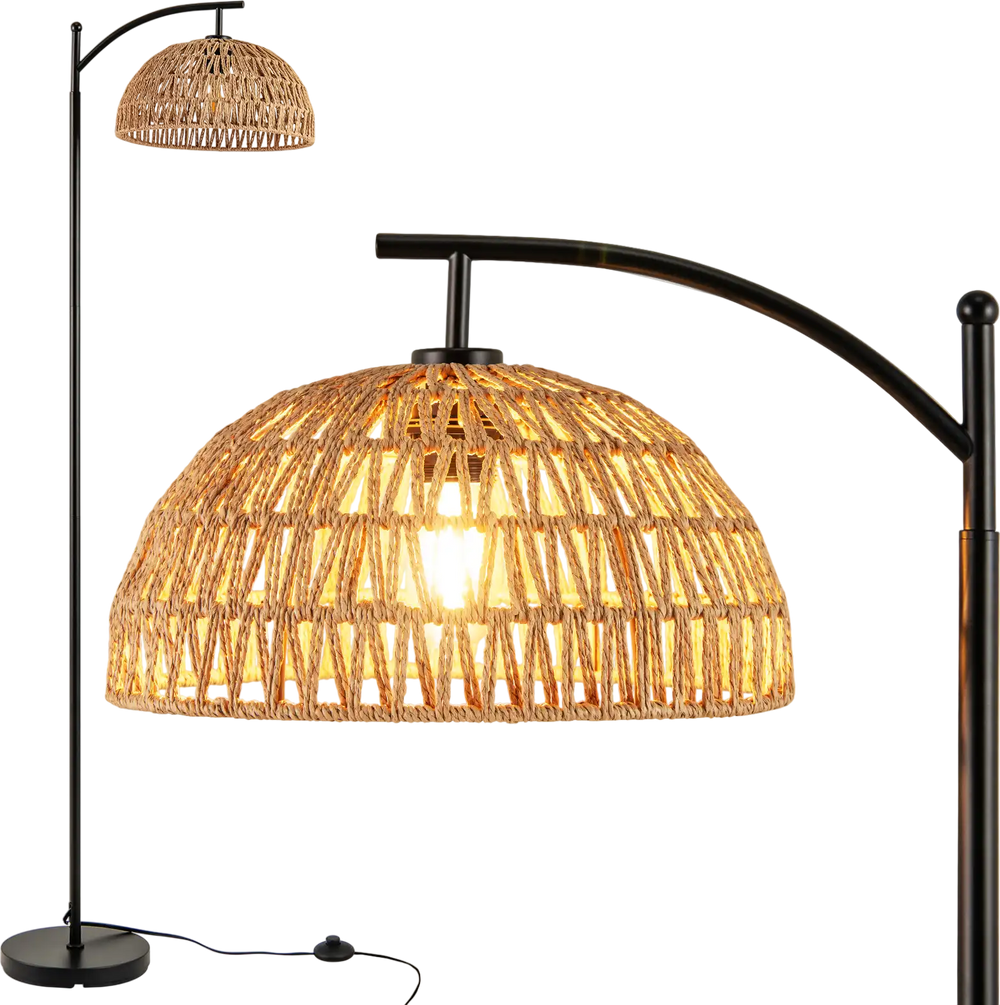 Arc floor lamp with a black pole and woven hanging lampshade, 63 inches tall, ideal for living room or bedroom lighting.