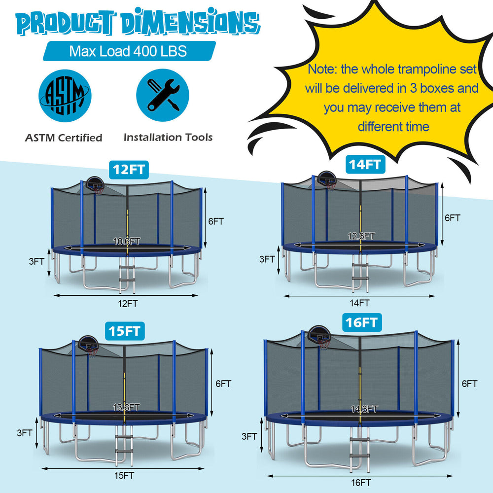 12-foot outdoor trampoline with enclosure net, basketball hoop, and sturdy steel construction for safe recreational fun.