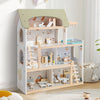 Wooden dollhouse with green roof, 33 furniture pieces, and movable stairs for interactive pretend play.
