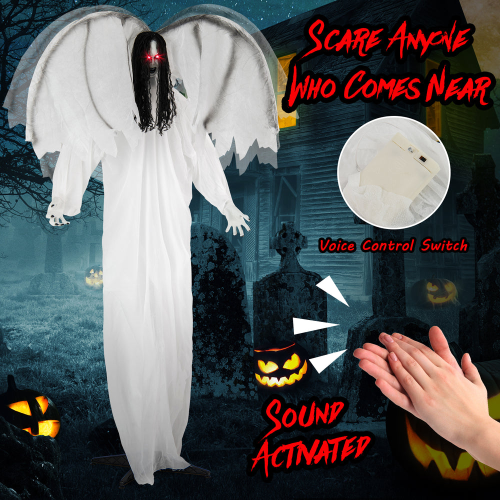 6.6 feet Halloween animatronic angel with light-up red eyes, flapping wings, and sound activation for spooky indoor.