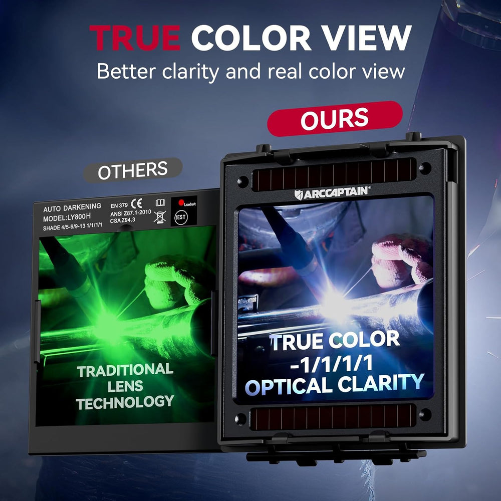 ARCCAPTAIN CozyCraft X200 welding helmet - true color view optical clarity comparison graphic