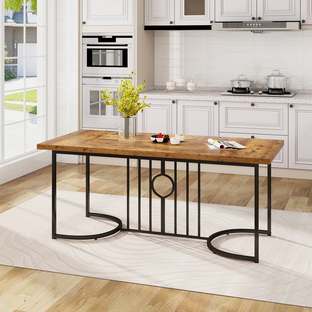 Rustic brown 71-inch dining table for 6-8 people with a sturdy metal frame, ideal for kitchens and dining rooms.