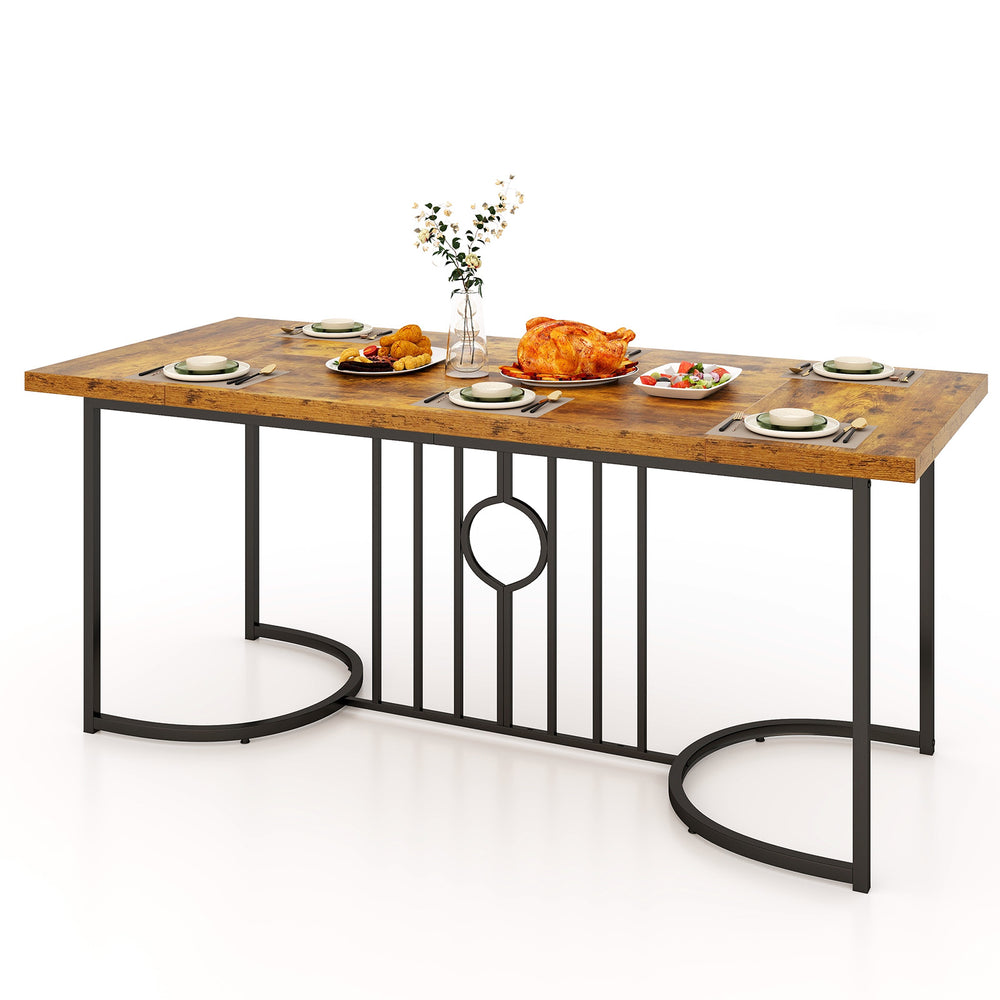 Large rectangular dining table for 6-8 people, rustic brown wood top with sturdy metal frame, ideal for gatherings.