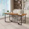 Rustic brown 71-inch dining table for 6-8, featuring a sturdy metal frame and elegant curved design, ideal for.