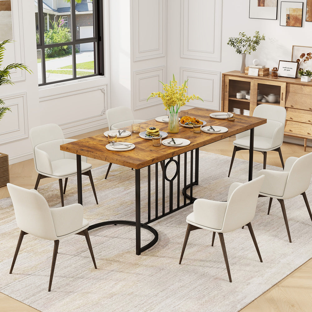 Rectangular 71-inch rustic brown dining table for 6-8 people with a sturdy metal frame, ideal for gatherings.
