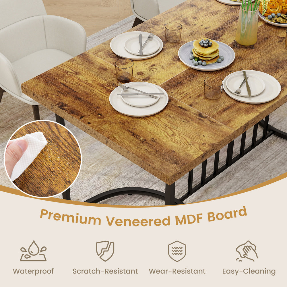 Large rectangular dining table with rustic brown veneered MDF, accommodating 6-8 people, easy to clean and durable.