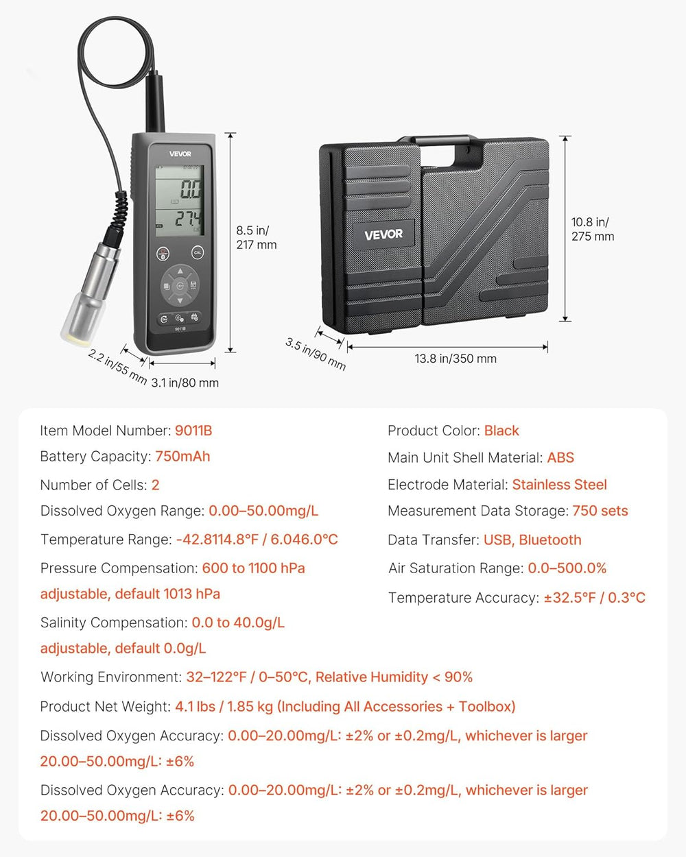 Vevor Dissolved Oxygen Tester Kit 0-50 mg/L with 13.1' Electrode Cable New