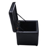 Black foldable cube ottoman pouffe with cushioned top and hinge design for storage of toys and accessories.