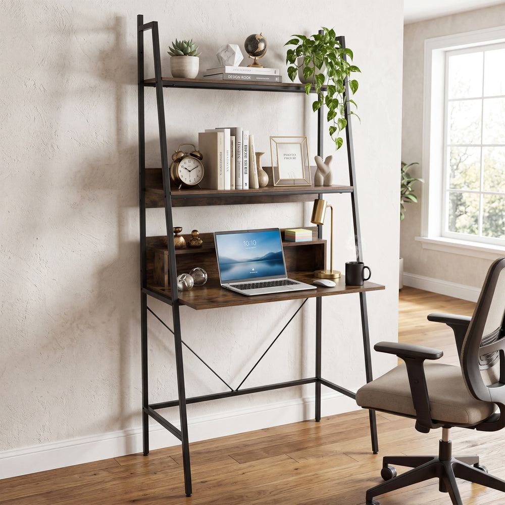 Freestanding 71” brown laptop desk with open shelves, heavy-duty metal frame, perfect for home office or study.