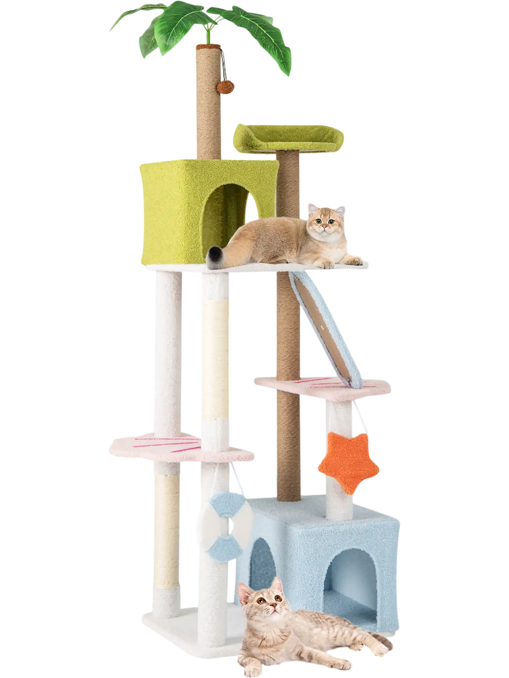 Colorful 71-inch cat tree featuring plush platforms, sisal scratching posts, and a playful design for curious kittens.
