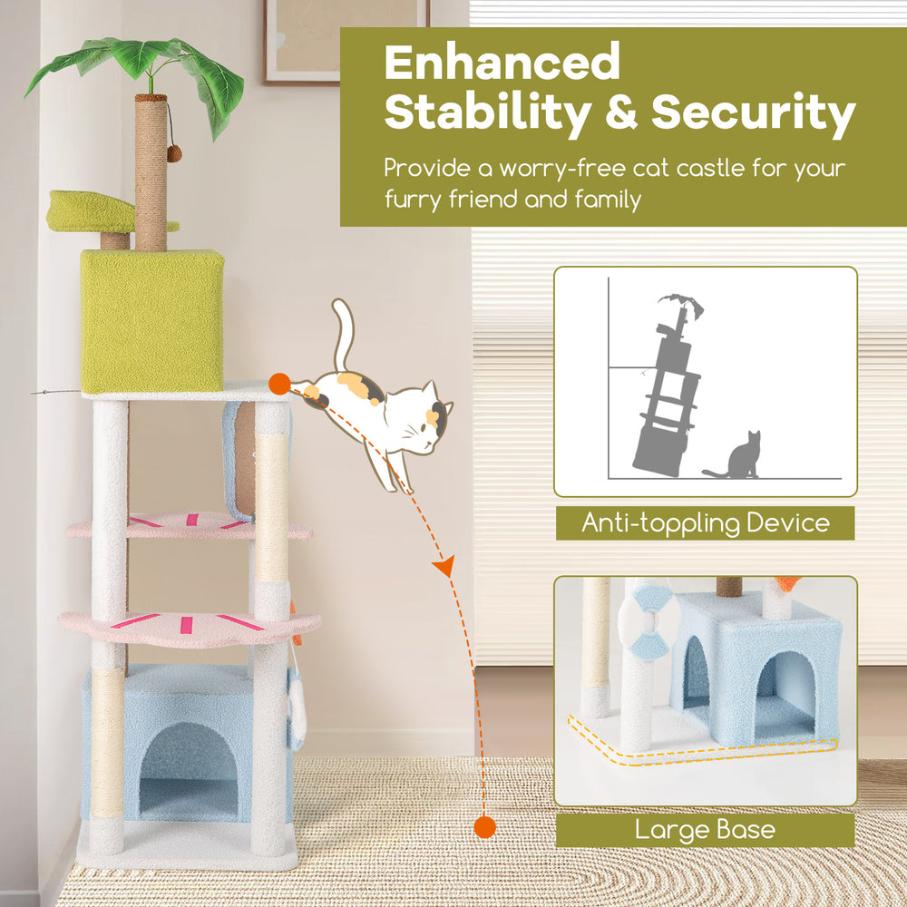 Multi-level 71-inch cat tree with cozy condos, scratching posts, and colorful beach-themed design for playful cats.