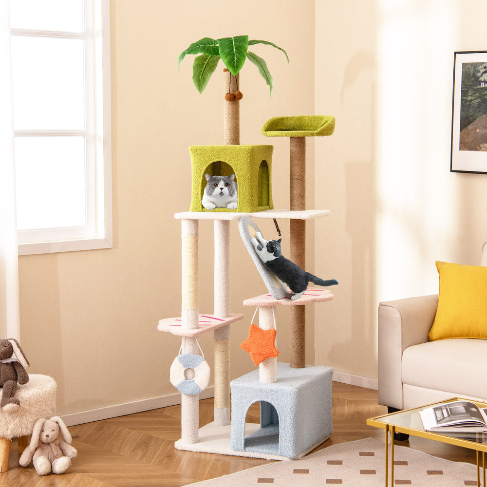 Multi-level 71-inch cat tree with colorful design, cozy condos, and interactive toys for playful kittens.