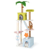 Multi-level 71-inch cat tree with colorful condos, scratching posts, and playful hanging toys for interactive fun.