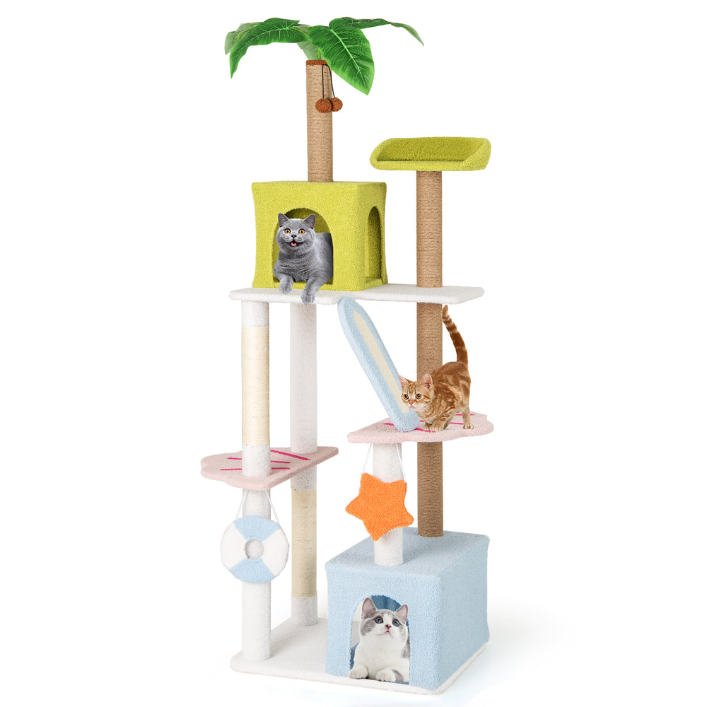 Multi-level 71-inch cat tree with colorful condos, scratching posts, and playful hanging toys for interactive fun.