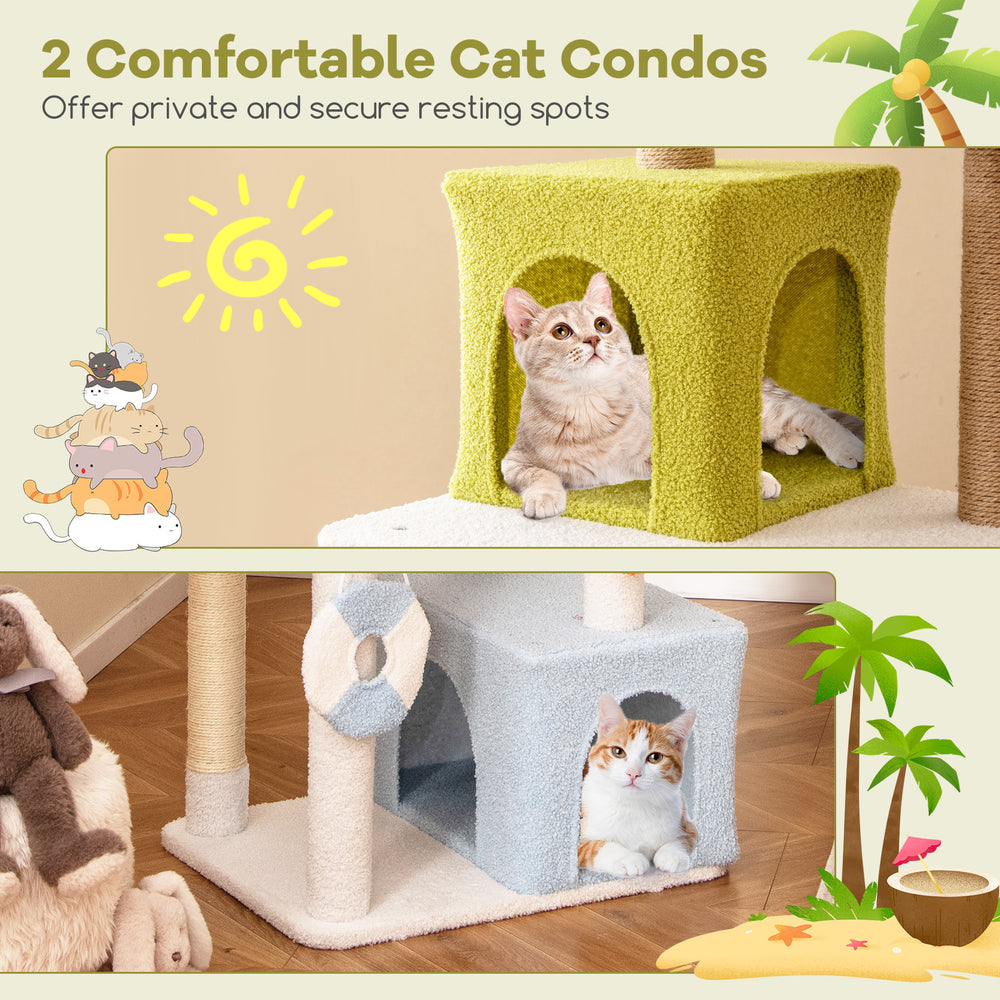 Multi-level cat tree featuring two cozy condos, plush fabric, and scratching posts for playful and secure lounging.