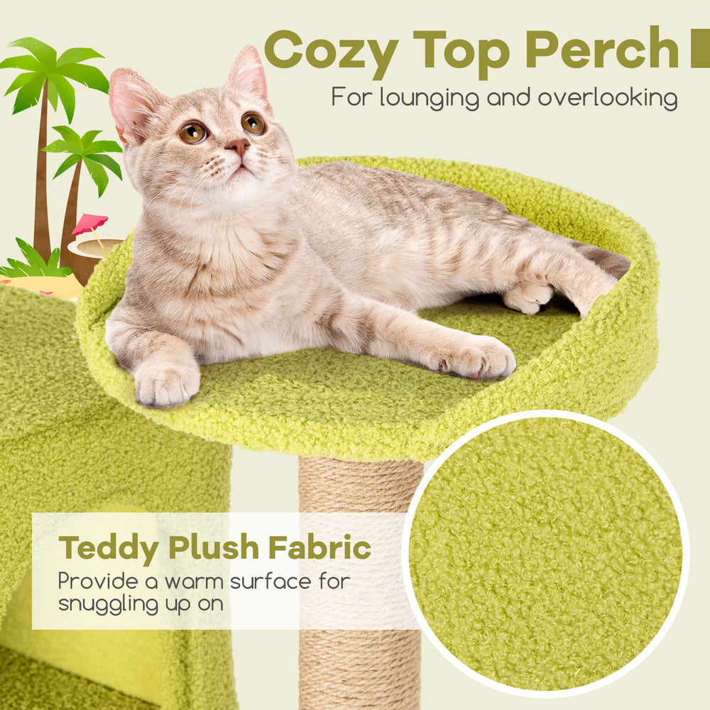 Cozy top perch of the 71-inch cat tree in teddy plush fabric, ideal for lounging and observing surroundings.