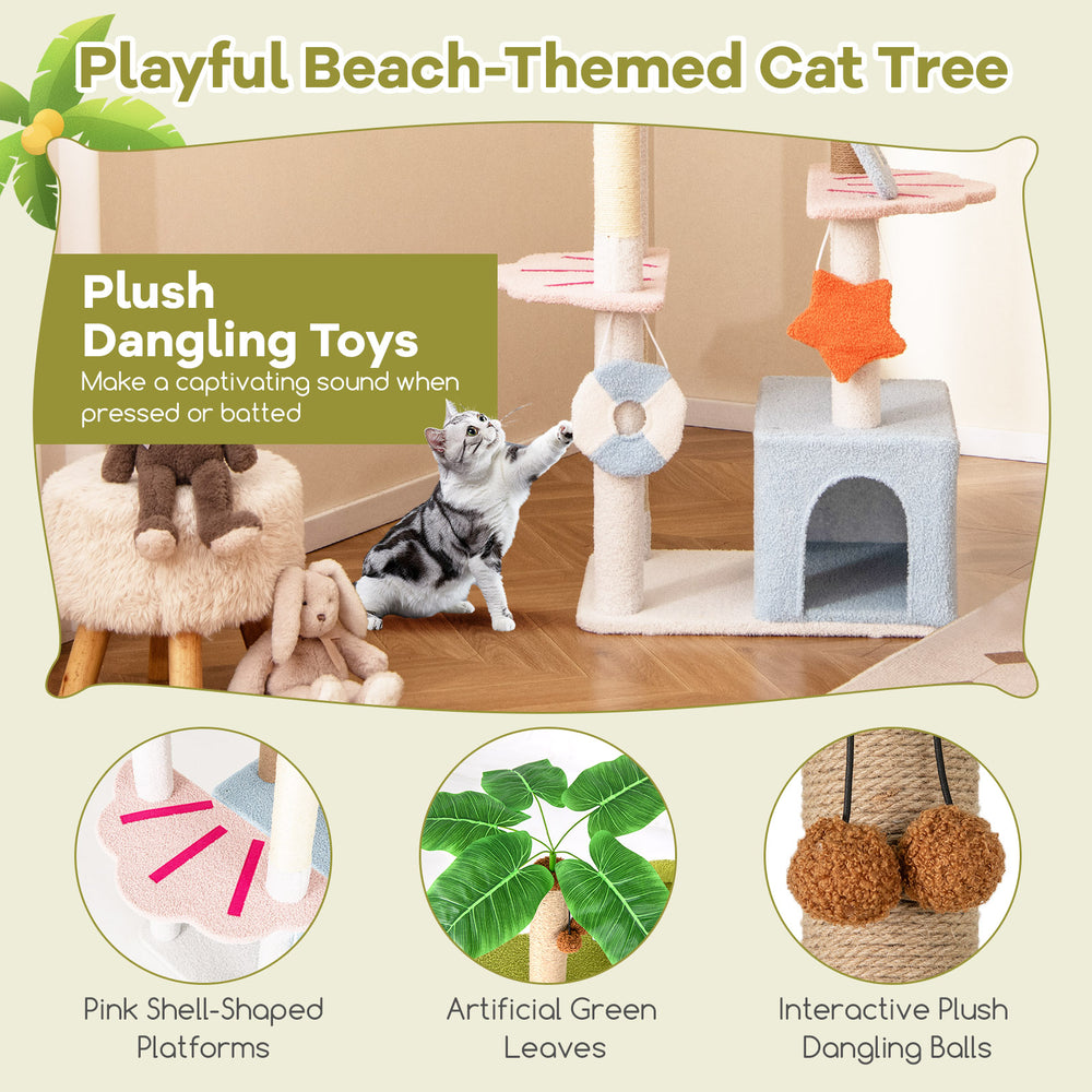 Multi-level beach-themed cat tree with plush dangling toys, cozy condos, and pink shell-shaped platforms for playful.