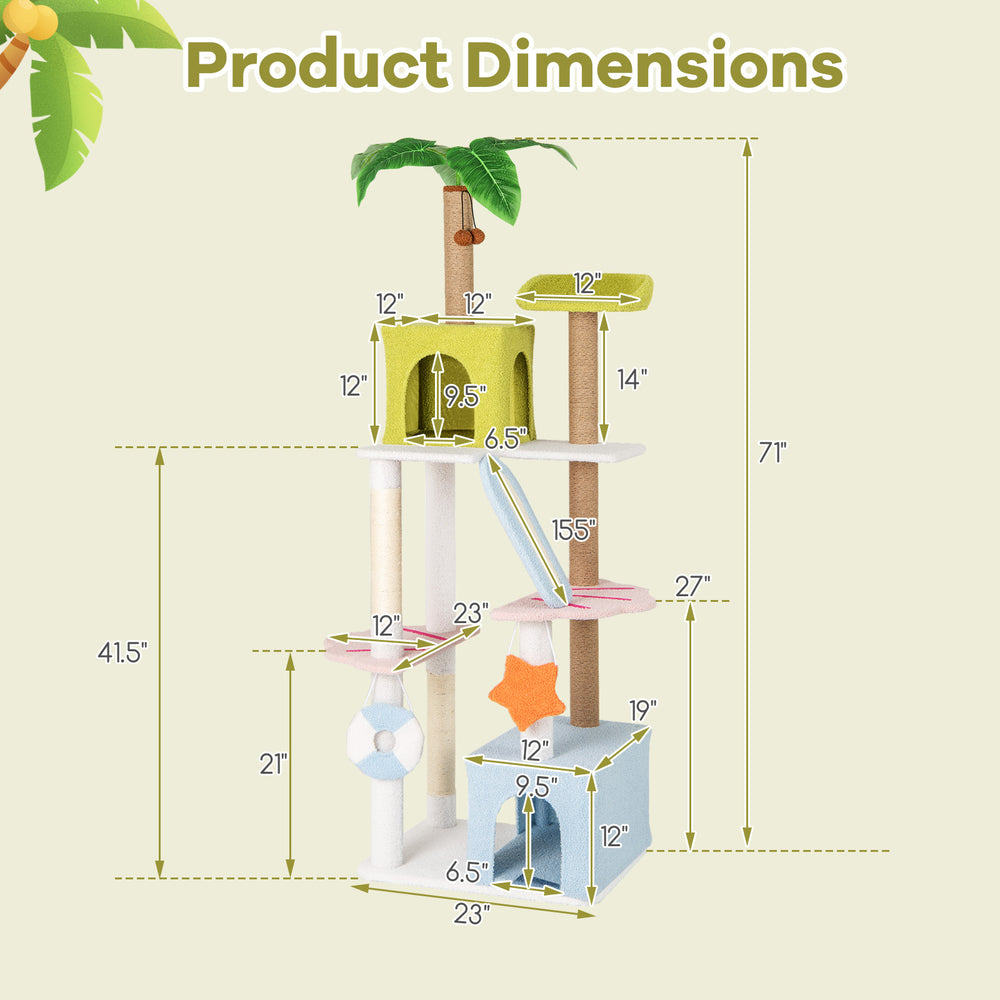 Multi-level cat tree with colorful condos, scratching posts, and plush platforms, measuring 71 inches tall for playful.