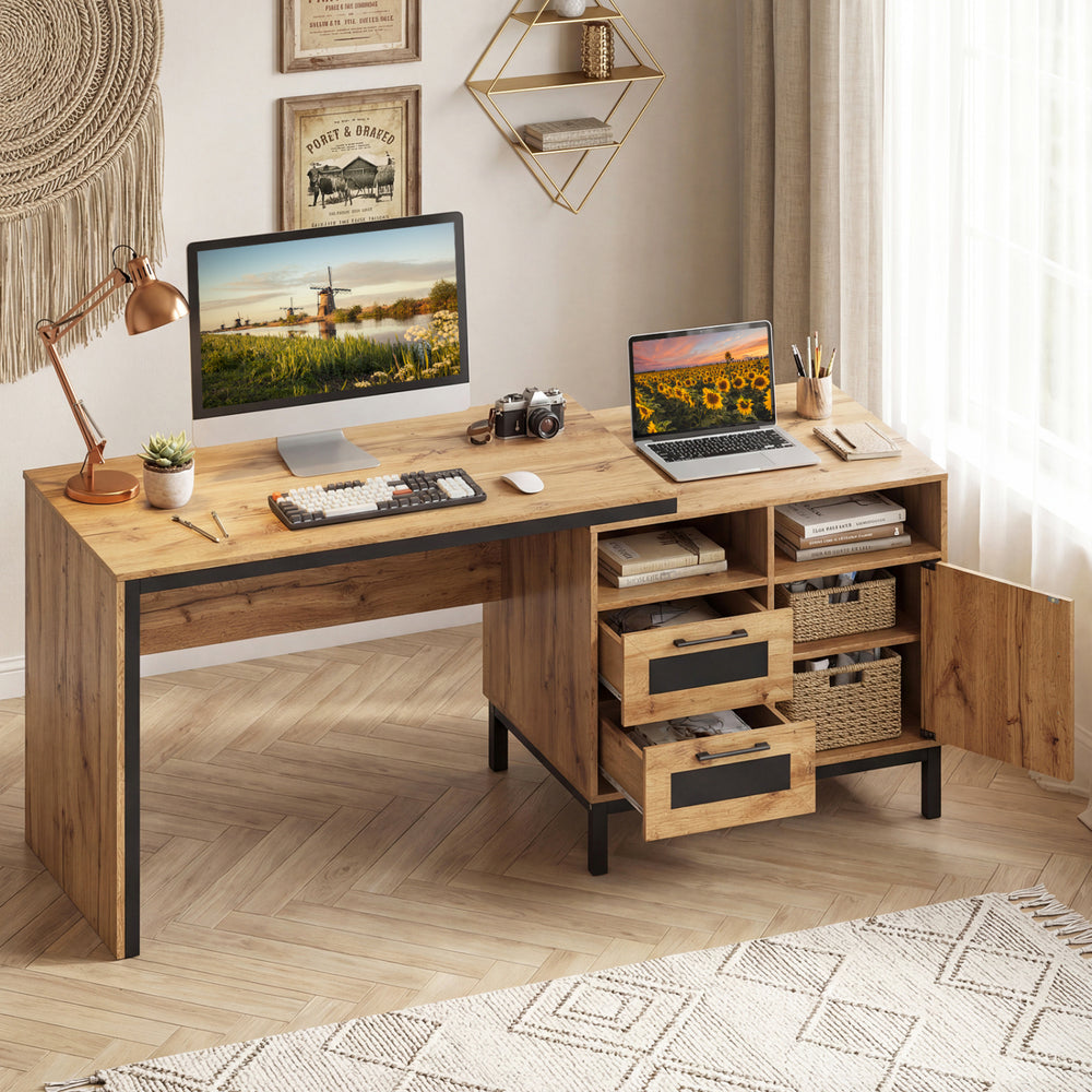 Spacious 71-inch computer table with natural finish, open compartments, and drawers for home or office use.