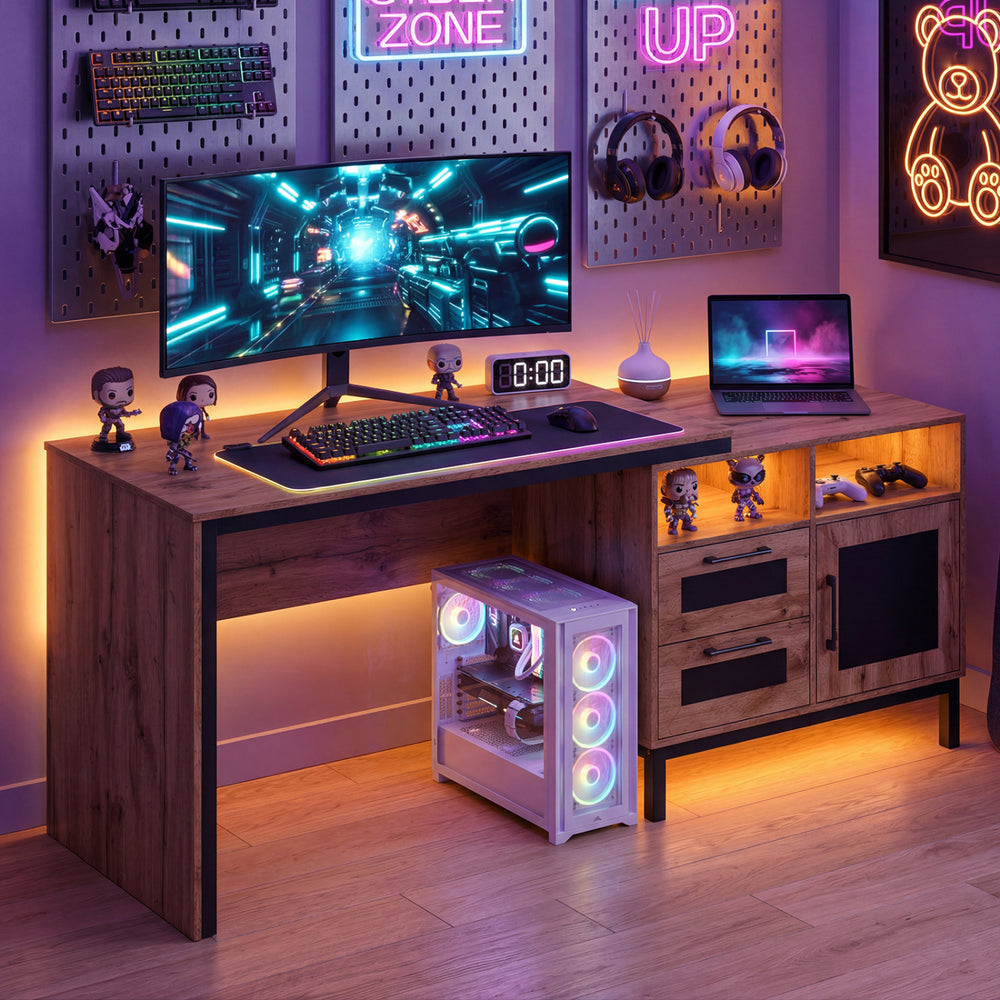 71-inch computer table with open compartments and drawers, featuring a farmhouse look, ideal for home or office use.